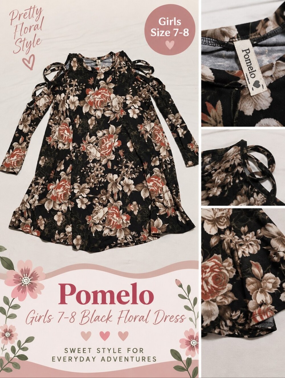 Pomelo girls 7-8 black floral dress #25